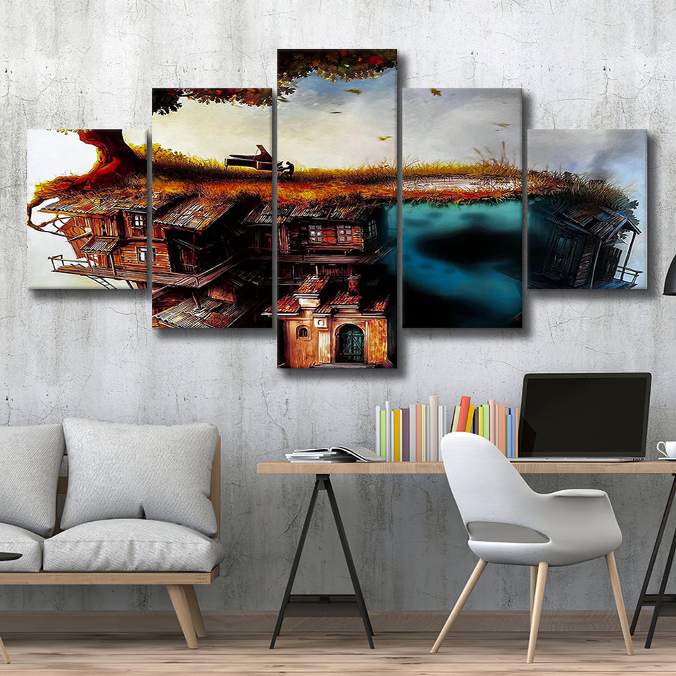 Pianist On The Roof, Surrealism Canvas Painting 5 Panels, Canvas Prints Wall Art Decor, Large Canvas Art