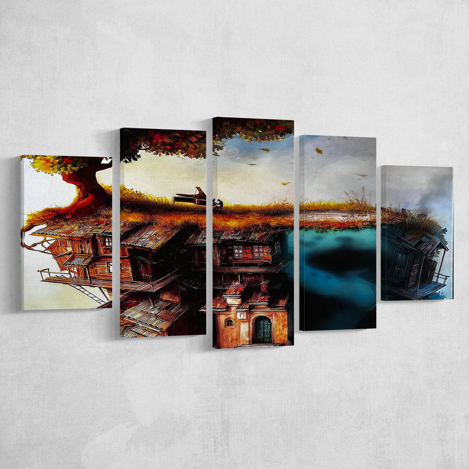 Pianist On The Roof, Surrealism Canvas Painting 5 Panels, Canvas Prints Wall Art Decor, Large Canvas Art