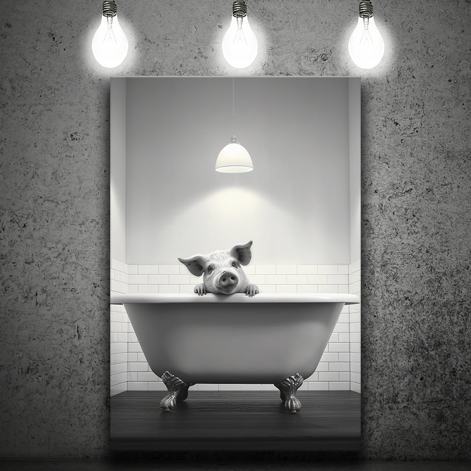 Pig In Bathtube Bathroom Art Funny Pig Black And White, Painting Art, Canvas Prints Wall Art Home Decor