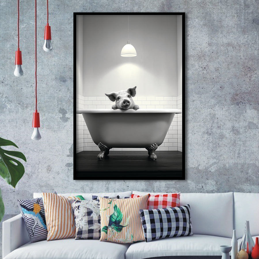 Pig In Bathtube Bathroom Art Funny Pig Black And White, Painting Art, Framed Art Prints Wall Decor