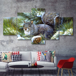 Pine Branch W Snow And Squirrel  5 Pieces Canvas Prints Wall Art - Painting Canvas, Multi Panels, 5 Panel, Wall Decor