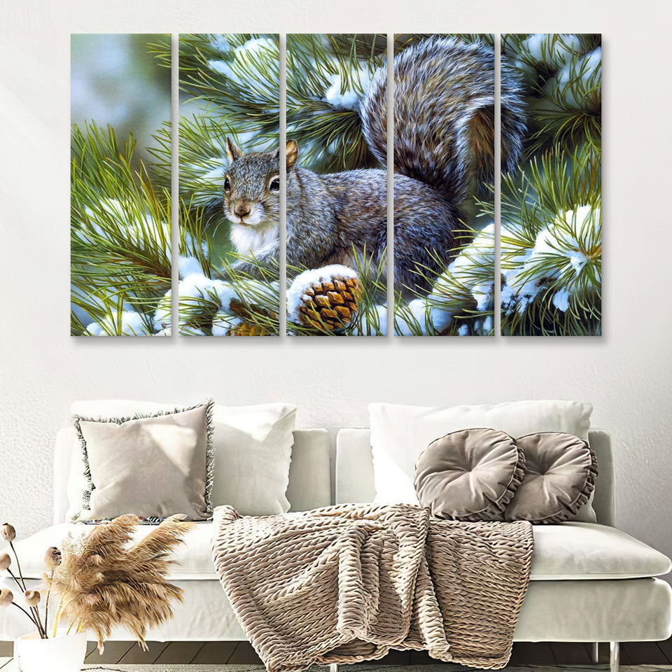 Pine Branch W Snow And Squirrel 5 Pieces B Canvas Prints Wall Art - Painting Canvas, Multi Panels,5 Panel, Wall Decor