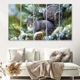 Pine Branch W Snow And Squirrel 5 Pieces B Canvas Prints Wall Art - Painting Canvas, Multi Panels,5 Panel, Wall Decor