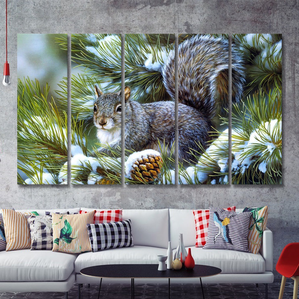 Pine Branch W Snow And Squirrel 5 Pieces B Canvas Prints Wall Art - Painting Canvas, Multi Panels,5 Panel, Wall Decor