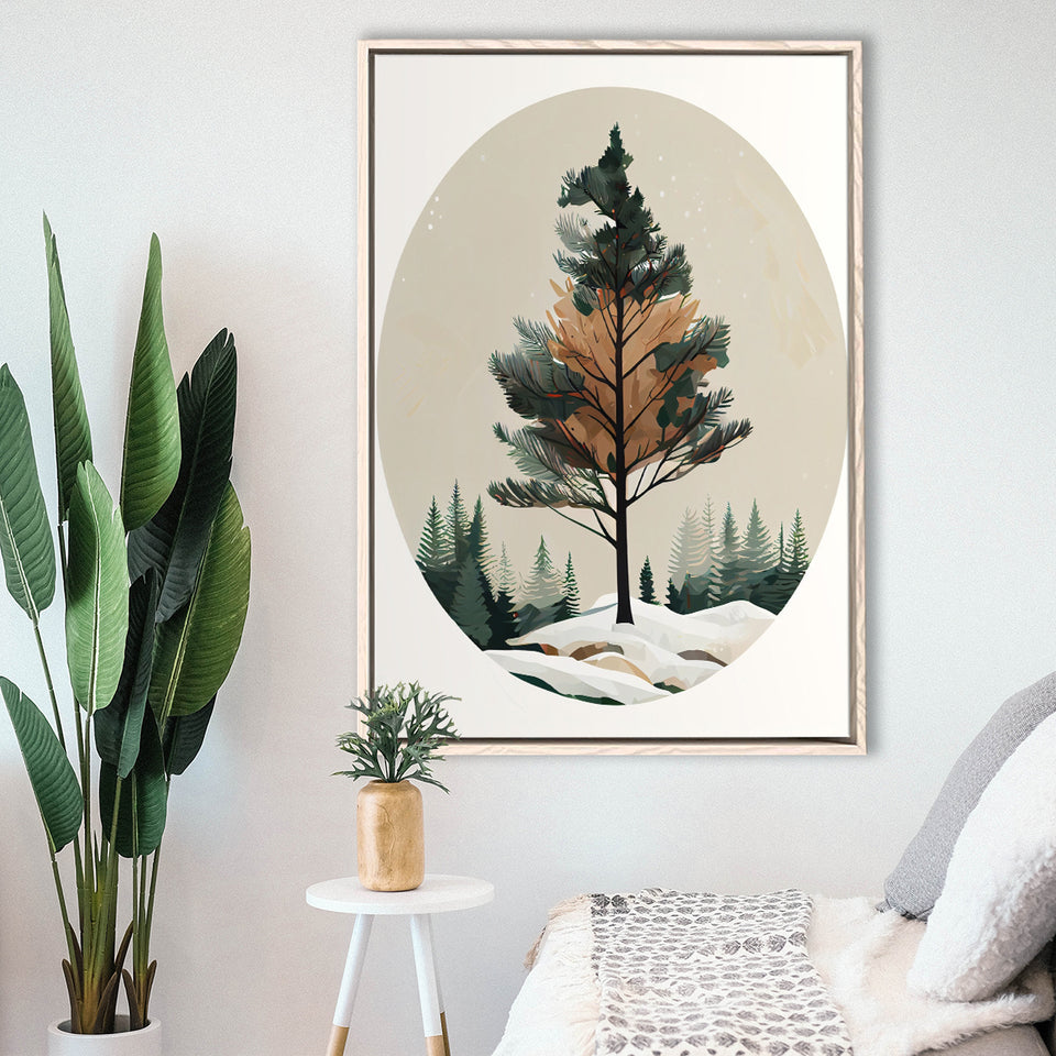 Pine Tree Retro Art Print, Large Canvas, Framed Canvas Print Wall Art Home Decor, Floating Frame