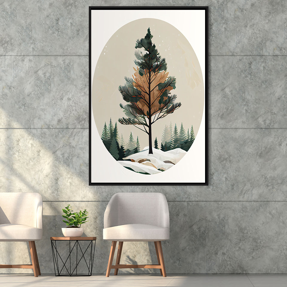 Pine Tree Retro Art Print, Large Canvas, Framed Canvas Print Wall Art Home Decor, Floating Frame