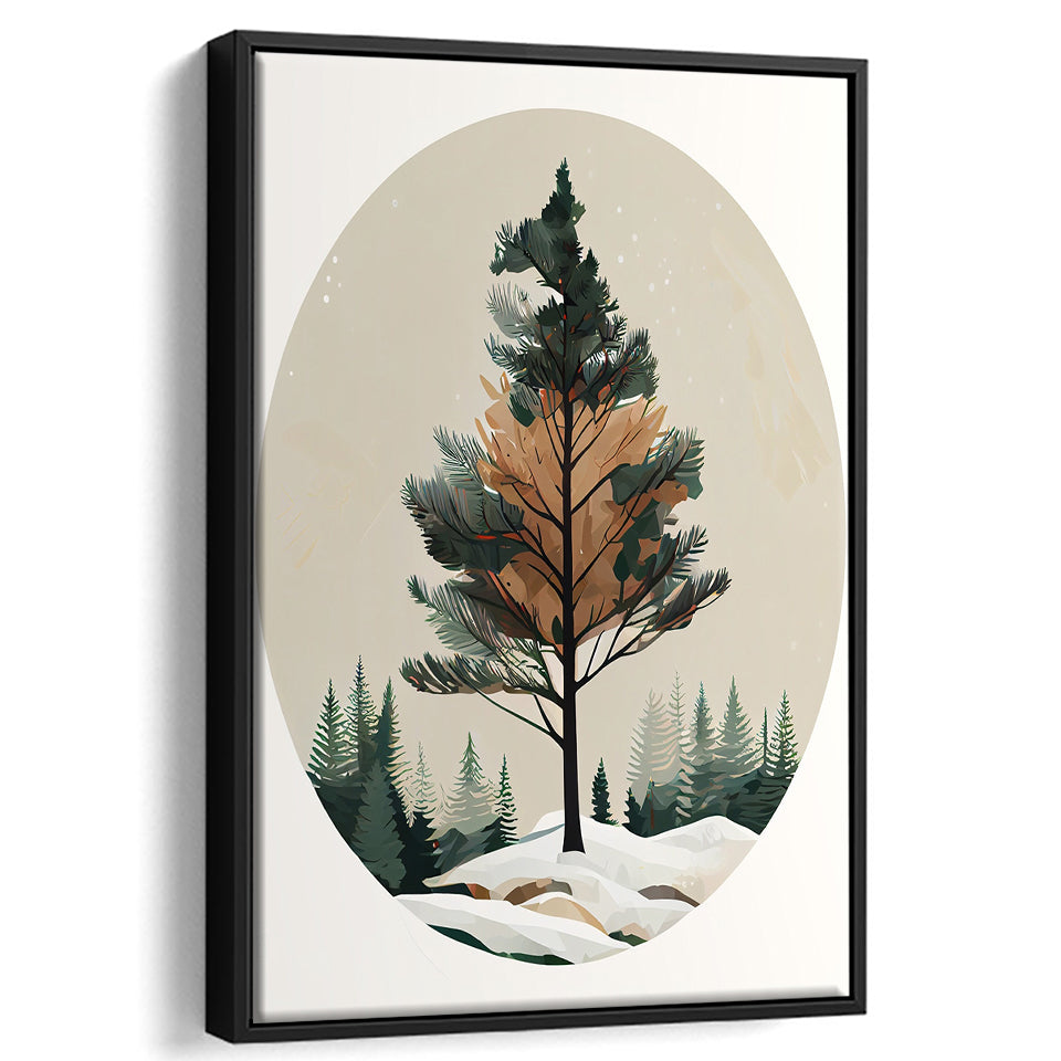 Pine Tree Retro Art Print, Large Canvas, Framed Canvas Print Wall Art Home Decor, Floating Frame