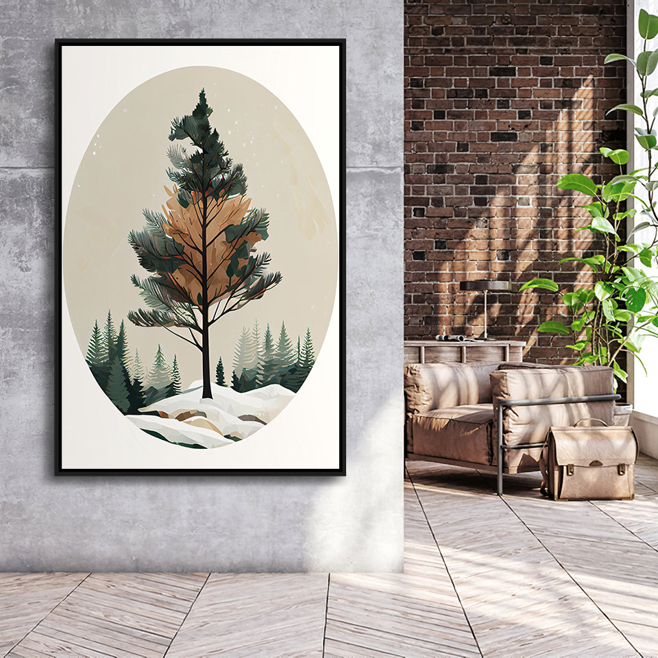 Pine Tree Retro Art Print, Large Canvas, Framed Canvas Print Wall Art Home Decor, Floating Frame
