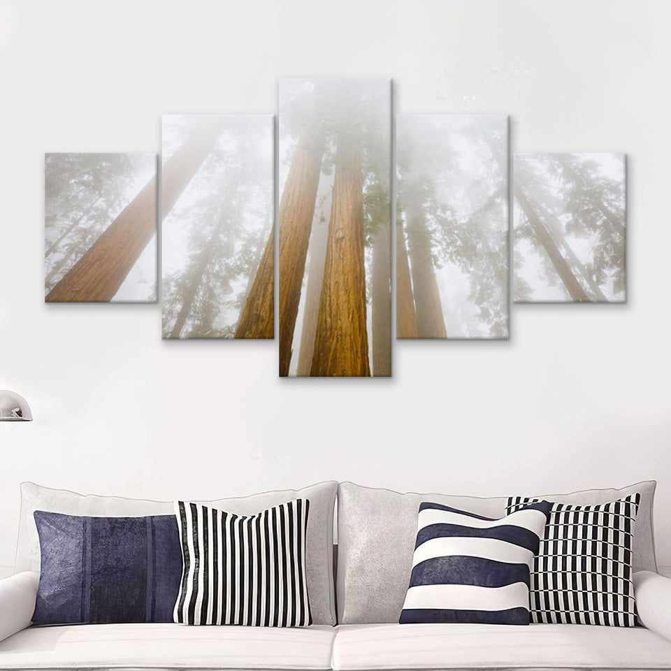Pine Trees W Fogs In National Park  5 Pieces Canvas Prints Wall Art - Painting Canvas, Multi Panels, 5 Panel, Wall Decor