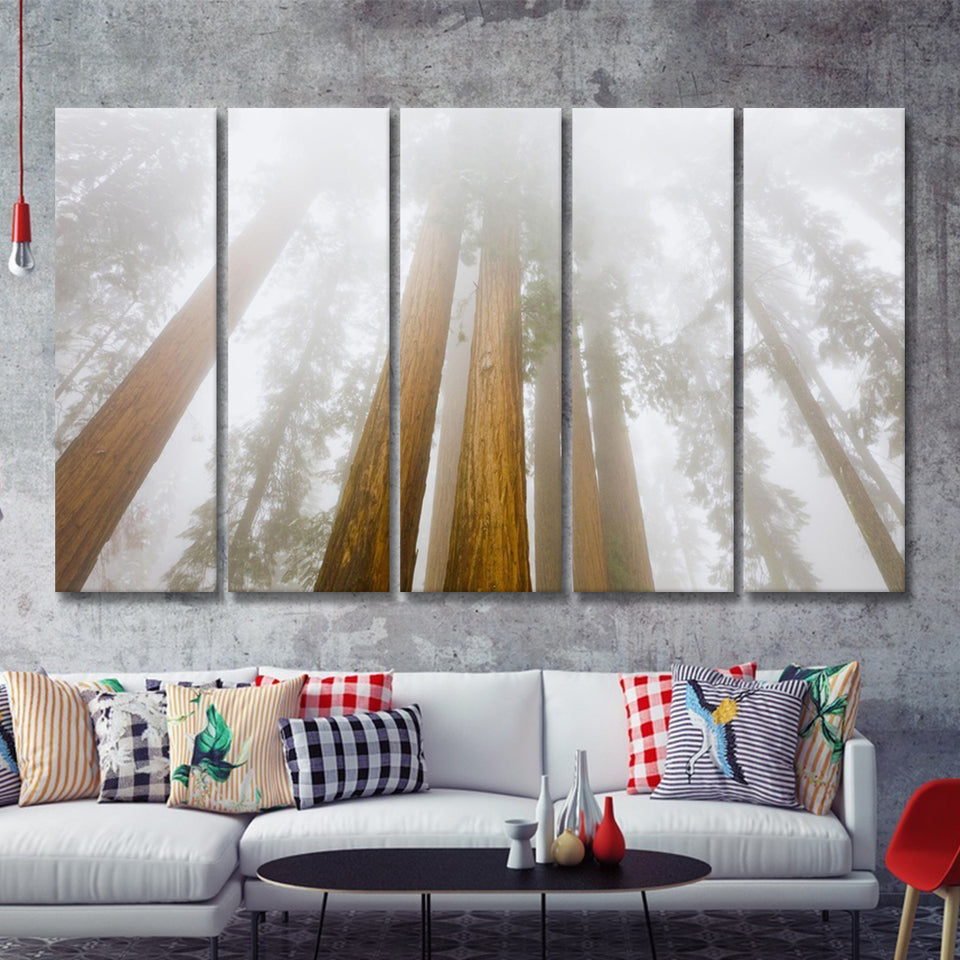 Pine Trees W Fogs In National Park 5 Pieces B Canvas Prints Wall Art - Painting Canvas, Multi Panels,5 Panel, Wall Decor