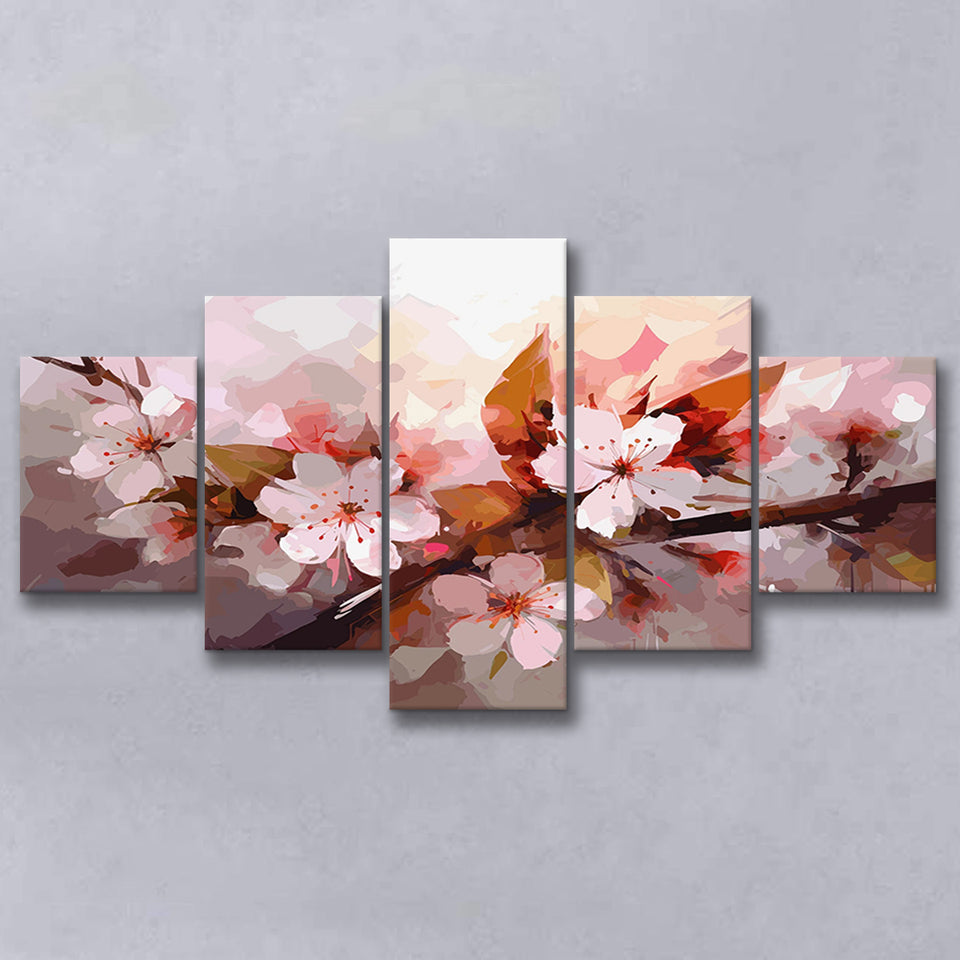 Pink Cherry Blossom Wall Art, 5 Panel Canvas Prints Wall Art,Mixed Canvas, Large Canvas