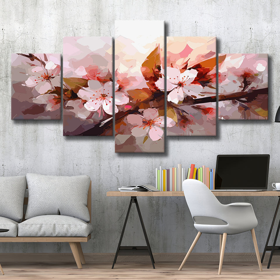 Pink Cherry Blossom Wall Art, 5 Panel Canvas Prints Wall Art,Mixed Canvas, Large Canvas