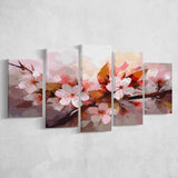 Pink Cherry Blossom Wall Art, 5 Panel Canvas Prints Wall Art,Mixed Canvas, Large Canvas