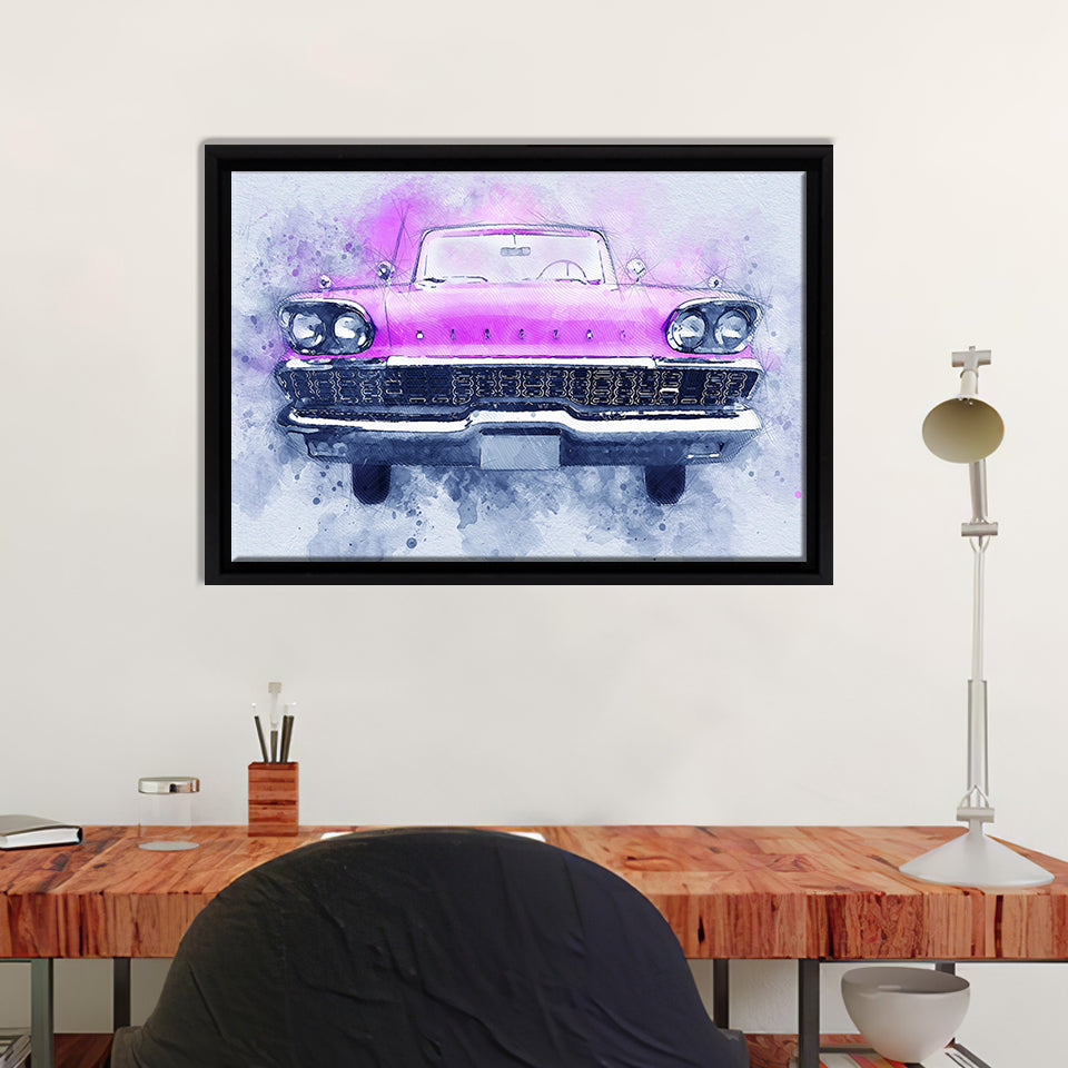 Pink Vintage Car Watercolor Framed Canvas Wall Art - Canvas Prints, Framed Art, Prints for Sale, Canvas Painting