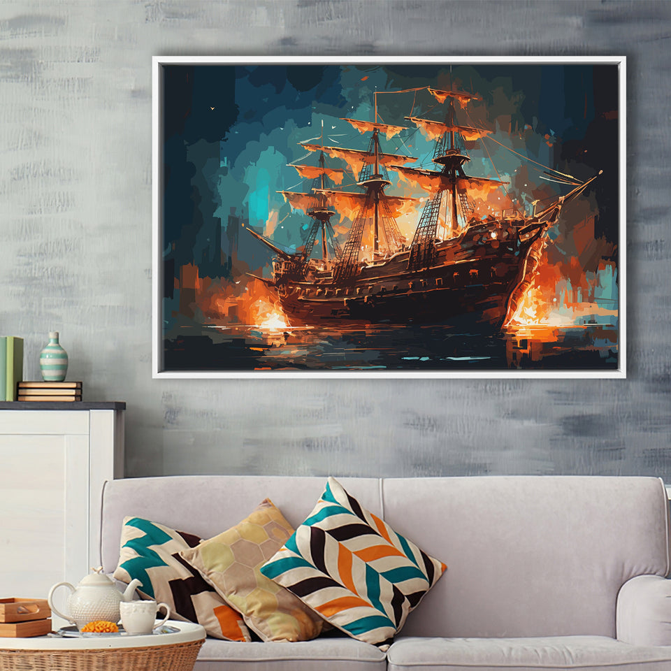 Pirate Ship On Fire Water Color Painting Art Framed Canvas Prints Wall Art, Floating Frame, Large Canvas Home Decor