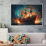 Pirate Ship On Fire Water Color Painting Art Framed Canvas Prints Wall Art, Floating Frame, Large Canvas Home Decor