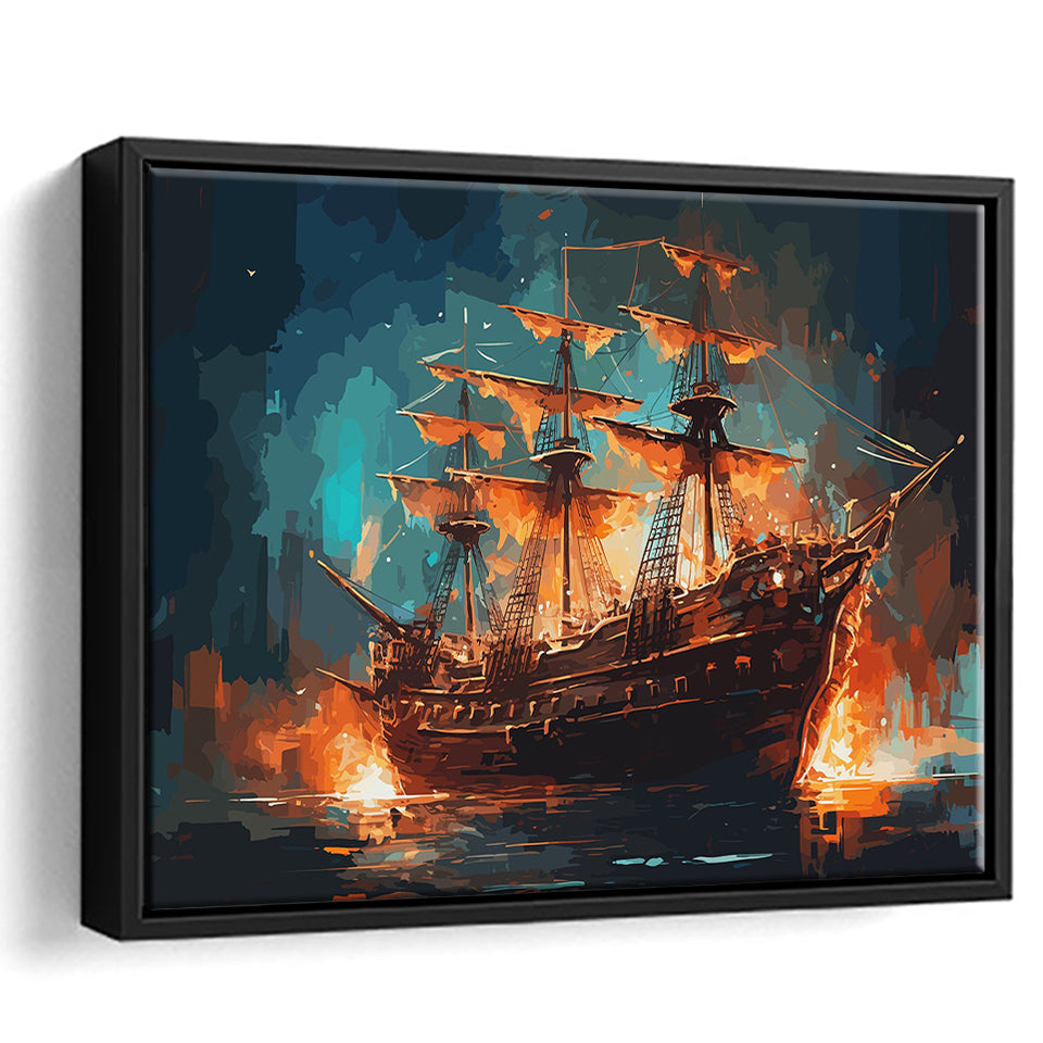 Pirate Ship On Fire Water Color Painting Art Framed Canvas Prints Wall Art, Floating Frame, Large Canvas Home Decor