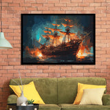Pirate Ship On Fire Water Color Painting Art Framed Art Prints Wall Decor, Framed Picture, Large Art Prints