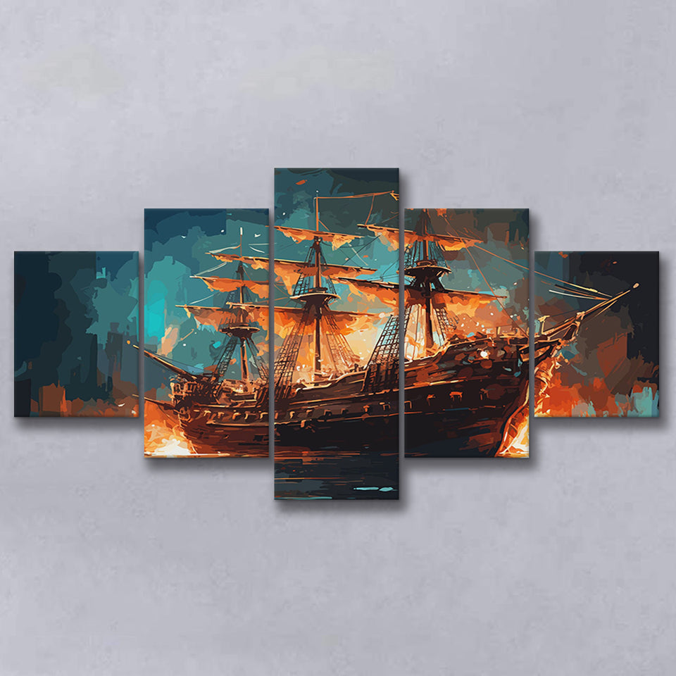 Pirate Ship On Fire Water Color Painting Art, 5 Panel Canvas Prints Wall Art,Mixed Canvas, Large Canvas