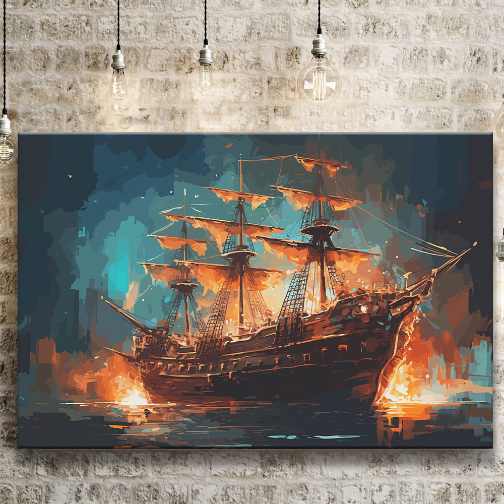 Pirate Ship On Fire Water Color Painting Art Canvas Prints Wall