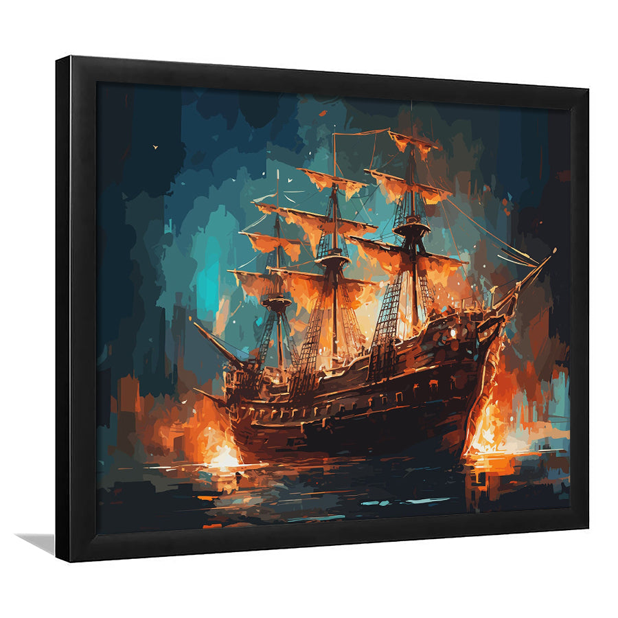 Pirate Ship On Fire Water Color Painting Art Framed Art Prints Wall Decor, Framed Picture, Large Art Prints