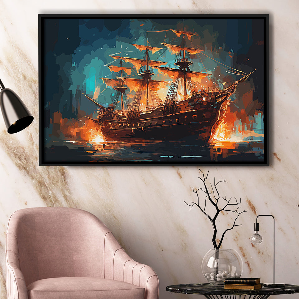 Pirate Ship On Fire Water Color Painting Art Framed Canvas Prints Wall Art, Floating Frame, Large Canvas Home Decor