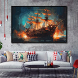Pirate Ship On Fire Water Color Painting Art Framed Canvas Prints Wall Art, Floating Frame, Large Canvas Home Decor