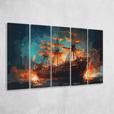 Pirate Ship On Fire Water Color Painting Art, 5 Panel B Canvas Prints Wall Art, Extra Large Canvas Decor