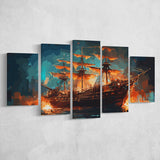 Pirate Ship On Fire Water Color Painting Art, 5 Panel Canvas Prints Wall Art,Mixed Canvas, Large Canvas