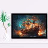 Pirate Ship On Fire Water Color Painting Art Framed Art Prints Wall Decor, Framed Picture, Large Art Prints
