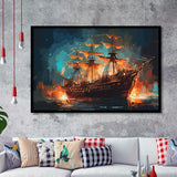 Pirate Ship On Fire Water Color Painting Art Framed Art Prints Wall Decor, Framed Picture, Large Art Prints