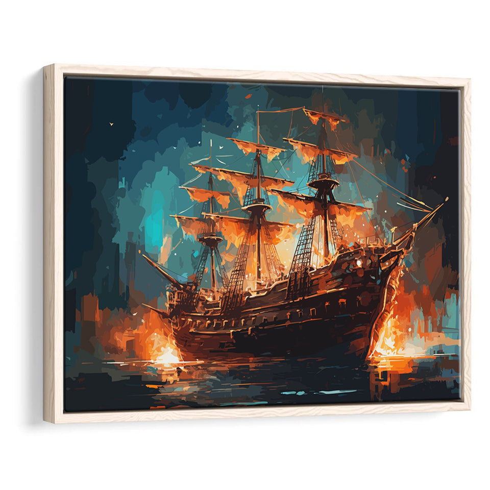 Pirate Ship On Fire Water Color Painting Art Framed Canvas Prints Wall Art, Floating Frame, Large Canvas Home Decor