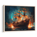 Pirate Ship On Fire Water Color Painting Art Framed Canvas Prints Wall Art, Floating Frame, Large Canvas Home Decor
