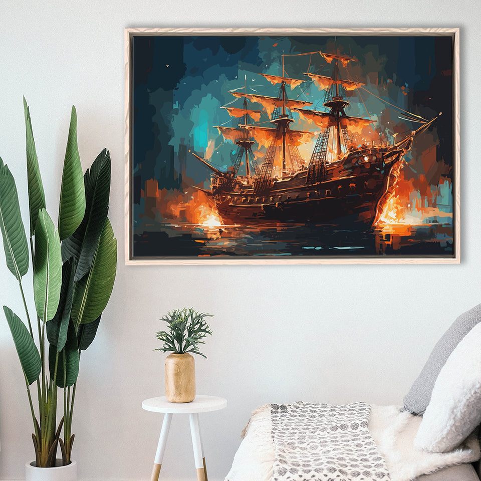 Pirate Ship On Fire Water Color Painting Art Framed Canvas Prints Wall Art, Floating Frame, Large Canvas Home Decor