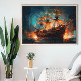Pirate Ship On Fire Water Color Painting Art Framed Canvas Prints Wall Art, Floating Frame, Large Canvas Home Decor
