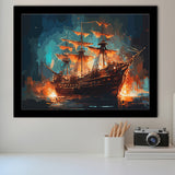 Pirate Ship On Fire Water Color Painting Art Framed Art Prints Wall Decor, Framed Picture, Large Art Prints
