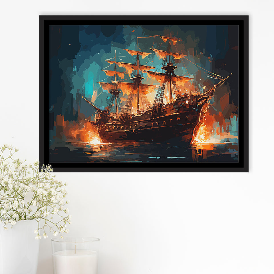 Pirate Ship On Fire Water Color Painting Art Framed Canvas Prints Wall Art, Floating Frame, Large Canvas Home Decor