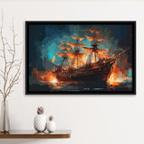 Pirate Ship On Fire Water Color Painting Art Framed Canvas Prints Wall Art, Floating Frame, Large Canvas Home Decor