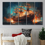 Pirate Ship On Fire Water Color Painting Art, 5 Panel B Canvas Prints Wall Art, Extra Large Canvas Decor