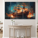 Pirate Ship On Fire Water Color Painting Art, 5 Panel B Canvas Prints Wall Art, Extra Large Canvas Decor