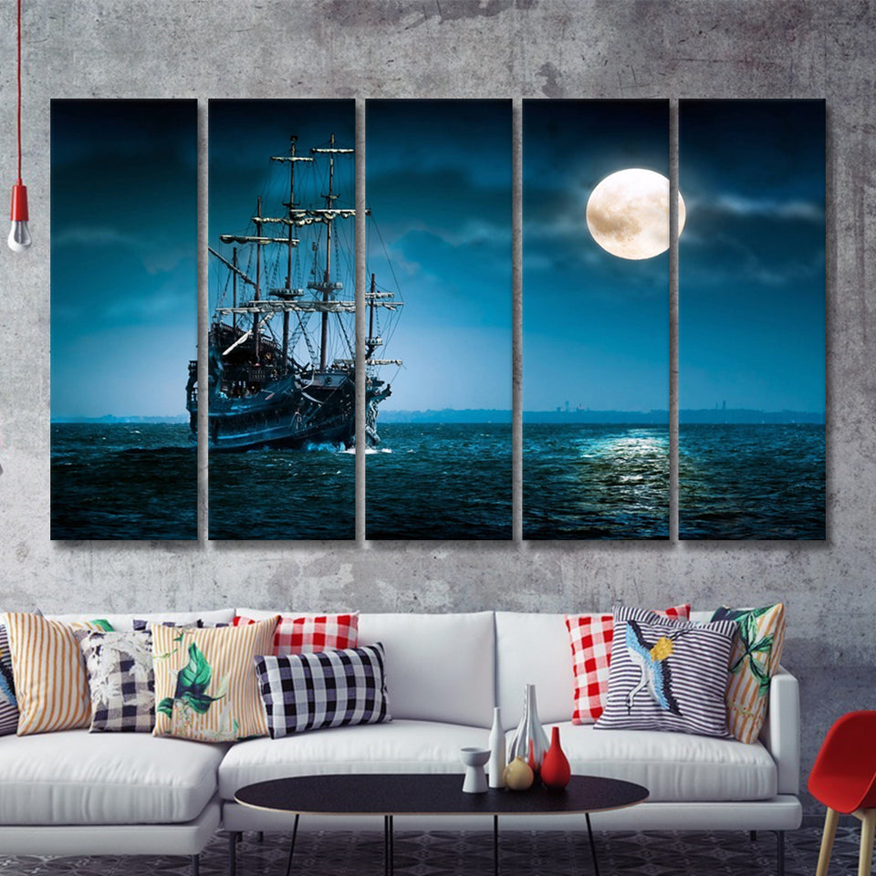 Pirate Ship The Flying Dutchman Ghost Ship 5 Piece Canvas Prints Wall Art - Painting Prints, Wall Decor,Multi Panels