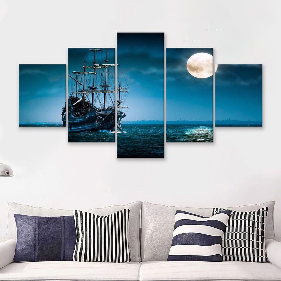 Pirate Ship The Flying Dutchman Ghost Ship 5 Piece Canvas Prints Wall Art - Painting Prints, Wall Decor,Multi Panel