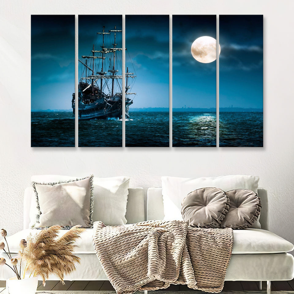 Pirate Ship The Flying Dutchman Ghost Ship 5 Piece Canvas Prints Wall Art - Painting Prints, Wall Decor,Multi Panels
