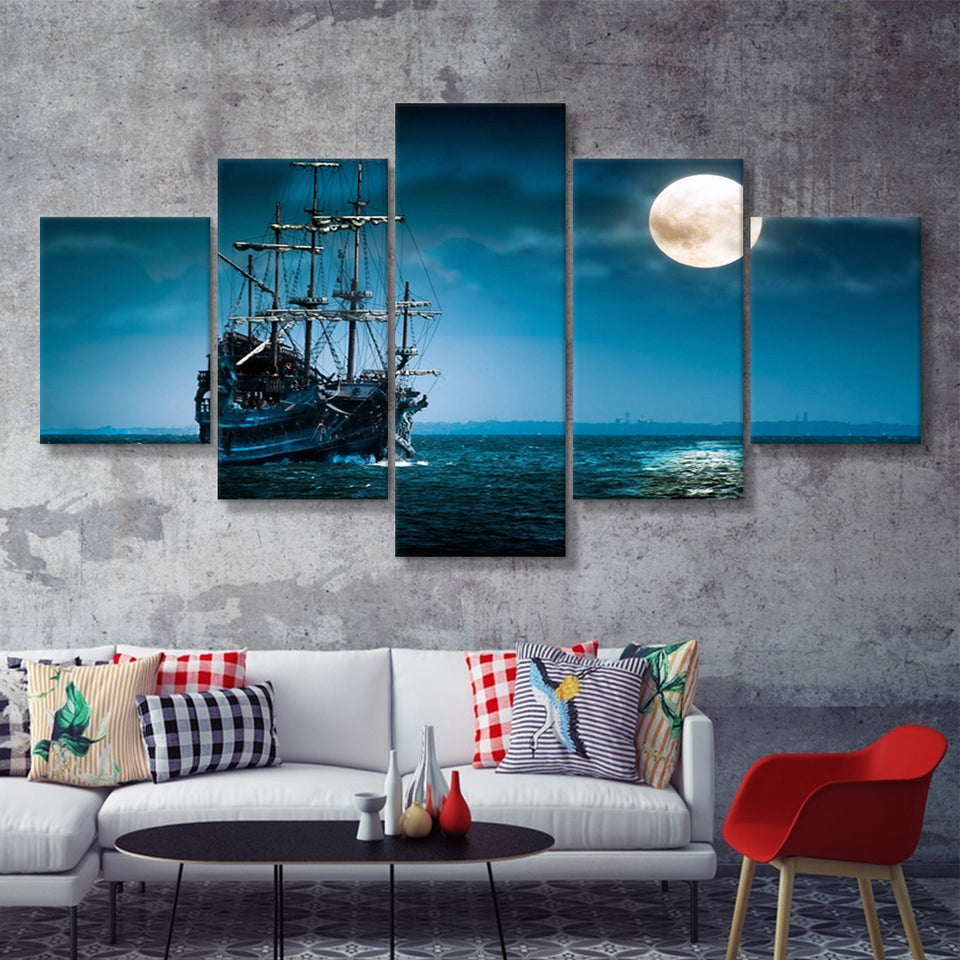 Pirate Ship The Flying Dutchman Ghost Ship 5 Piece Canvas Prints Wall Art - Painting Prints, Wall Decor,Multi Panel