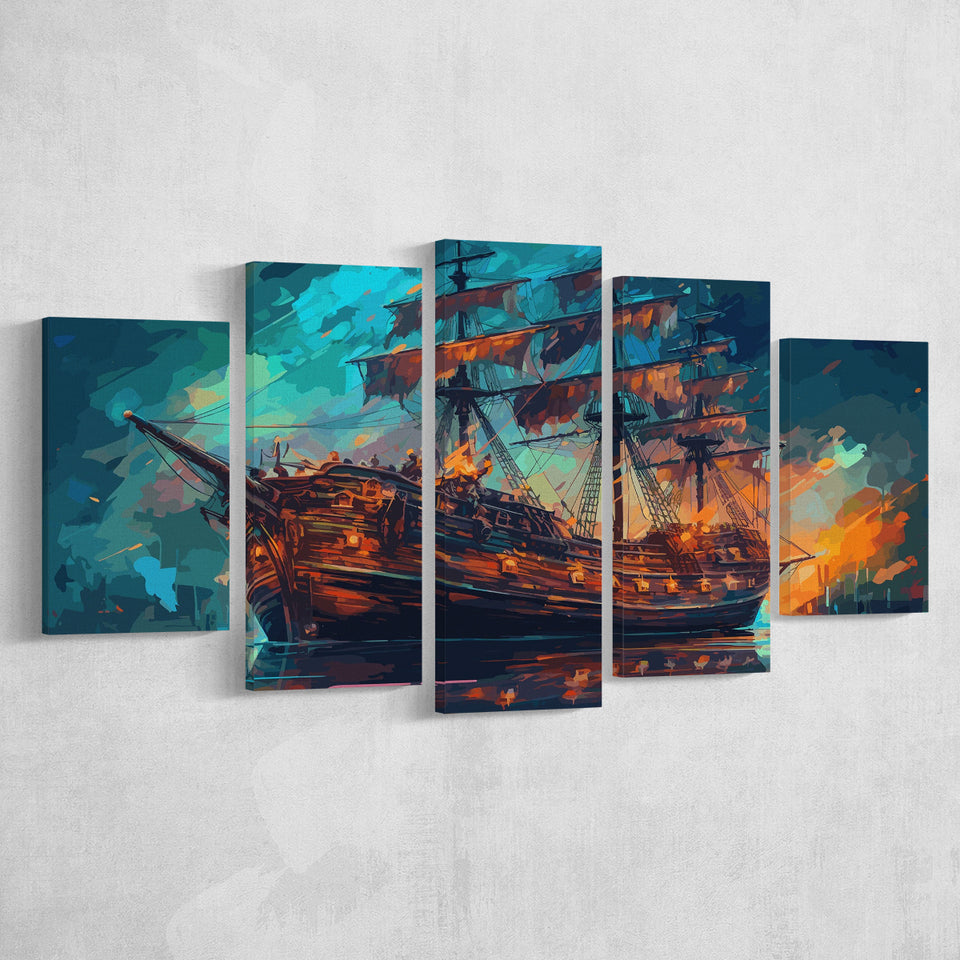 Pirate Ship Wall Art, Ship Canvas, Sailing Ship Painting, 5 Panel Canvas Prints Wall Art,Mixed Canvas, Large Canvas