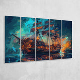 Pirate Ship Wall Art, Ship Canvas, Sailing Ship Painting, 5 Panel B Canvas Prints Wall Art, Extra Large Canvas Decor