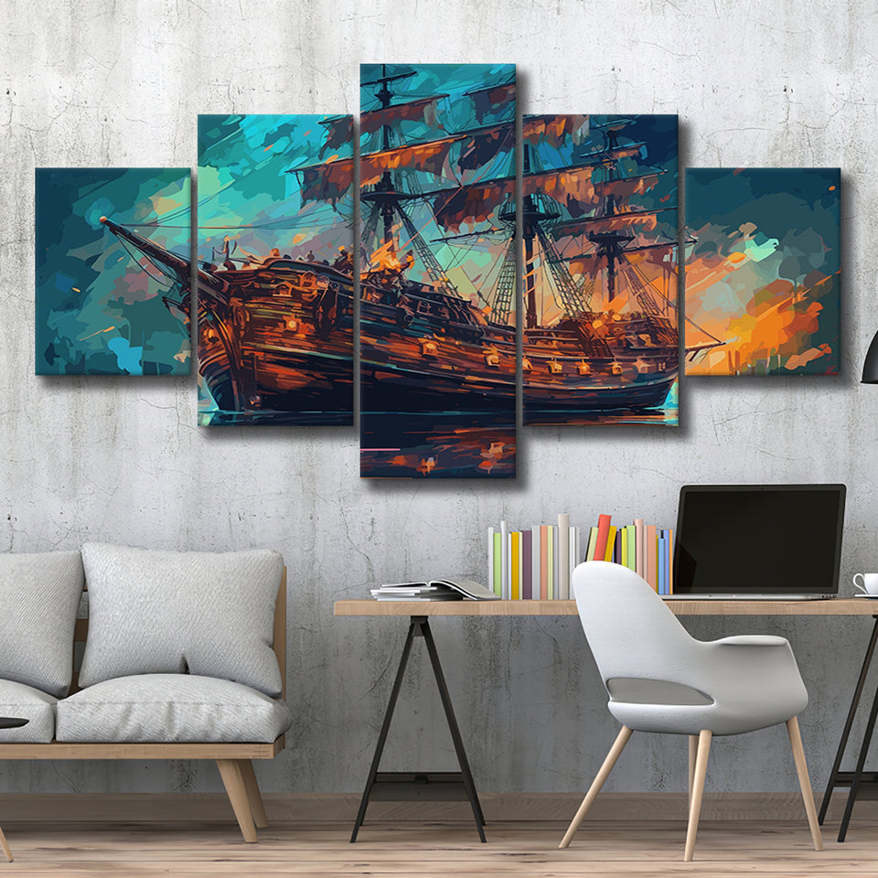 Pirate Ship Wall Art, Ship Canvas, Sailing Ship Painting, 5 Panel Canvas Prints Wall Art,Mixed Canvas, Large Canvas