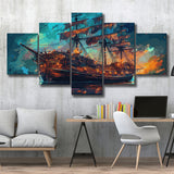 Pirate Ship Wall Art, Ship Canvas, Sailing Ship Painting, 5 Panel Canvas Prints Wall Art,Mixed Canvas, Large Canvas