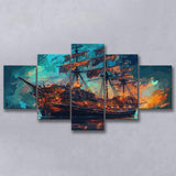 Pirate Ship Wall Art, Ship Canvas, Sailing Ship Painting, 5 Panel Canvas Prints Wall Art,Mixed Canvas, Large Canvas
