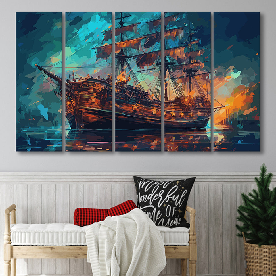 Pirate Ship Wall Art, Ship Canvas, Sailing Ship Painting, 5 Panel B Canvas Prints Wall Art, Extra Large Canvas Decor